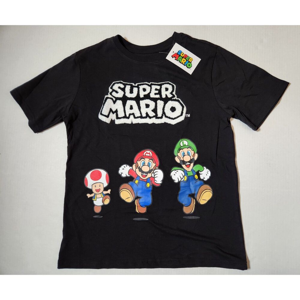 Super Mario Youth T-Shirt – Black Short Sleeve, Size 14/16